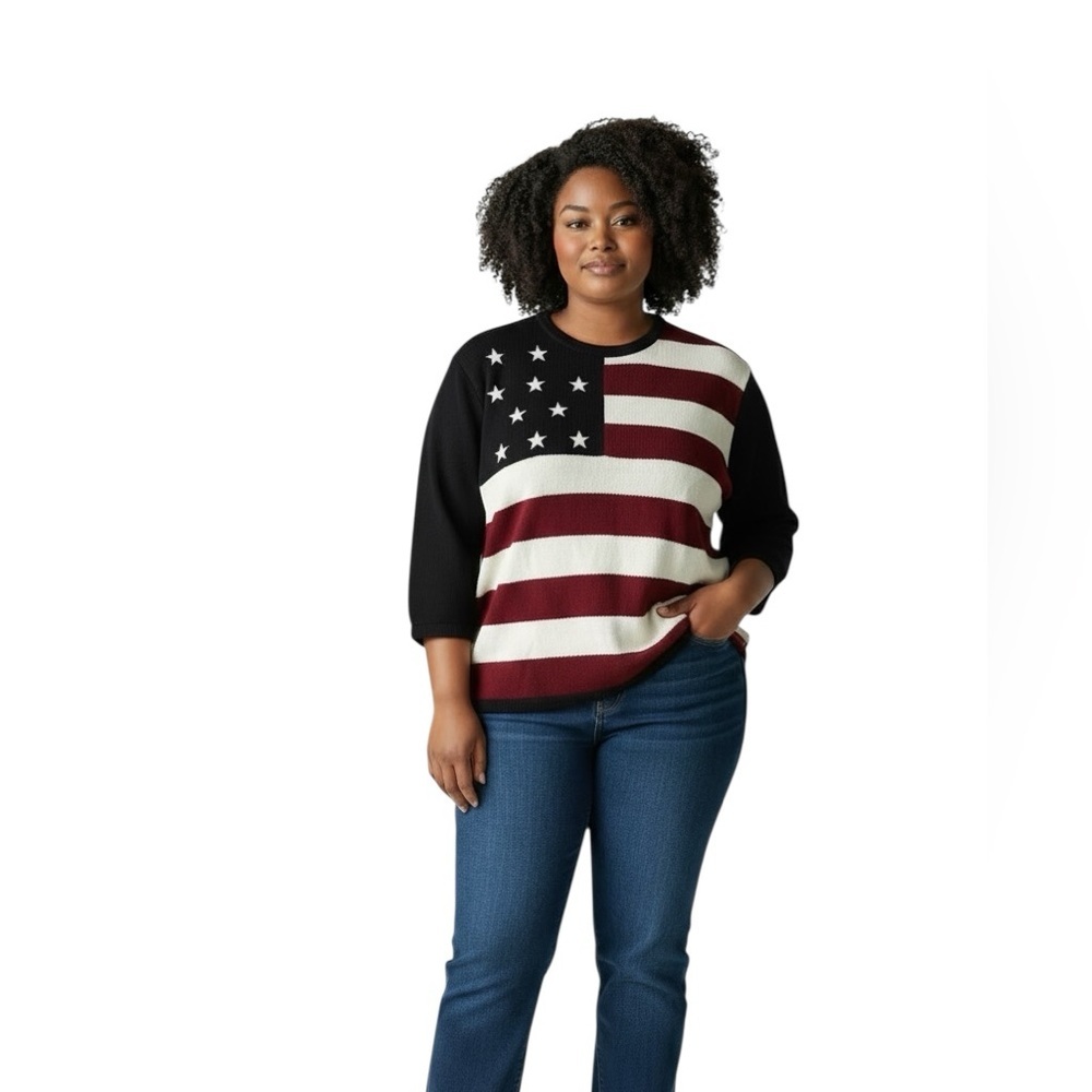 VTG Stars Stripes Cotton Blend Crew Neck Sweater XL 3/4 Sleeve Red White Navy